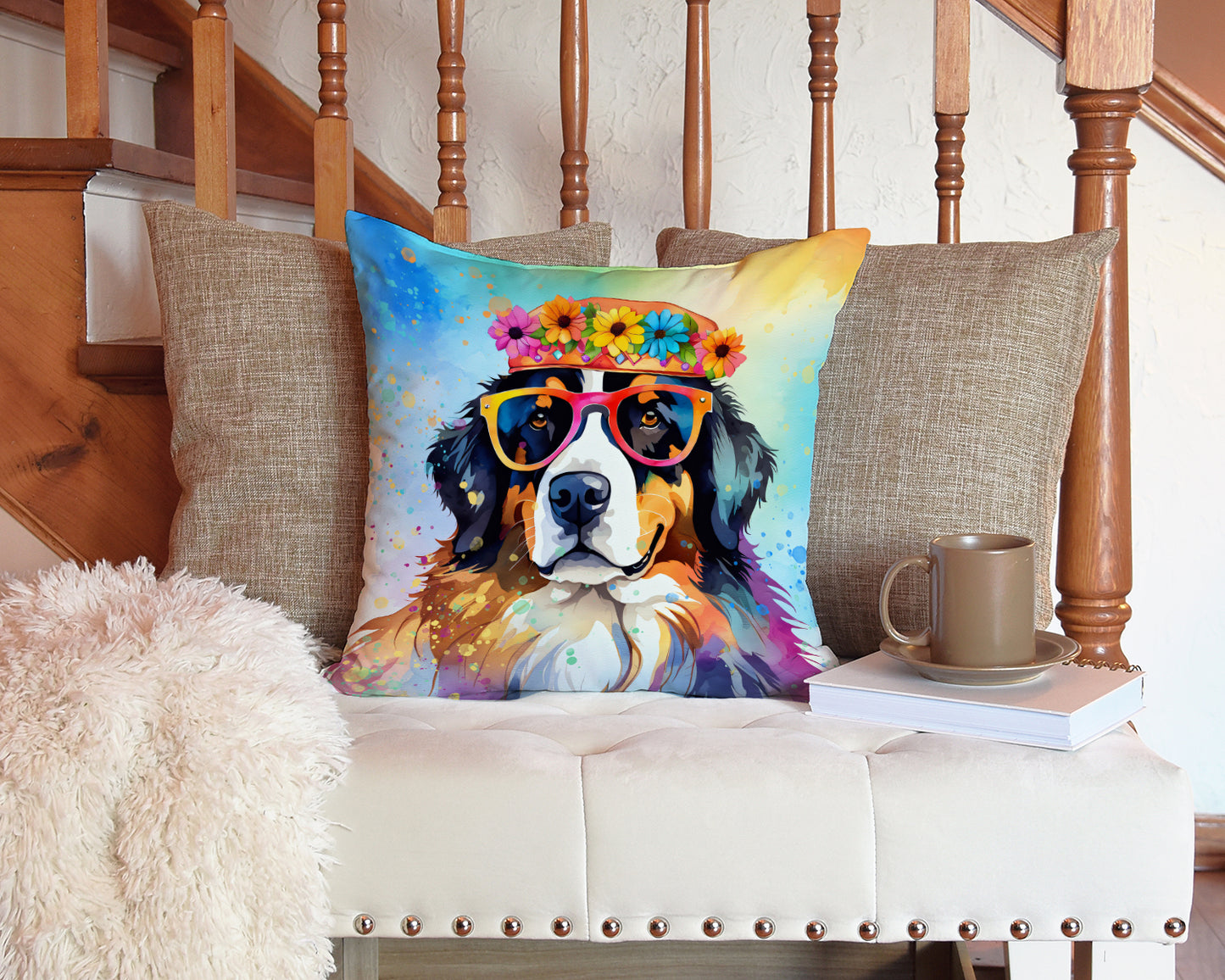 Bernese Mountain Dog Hippie Dawg Throw Pillow