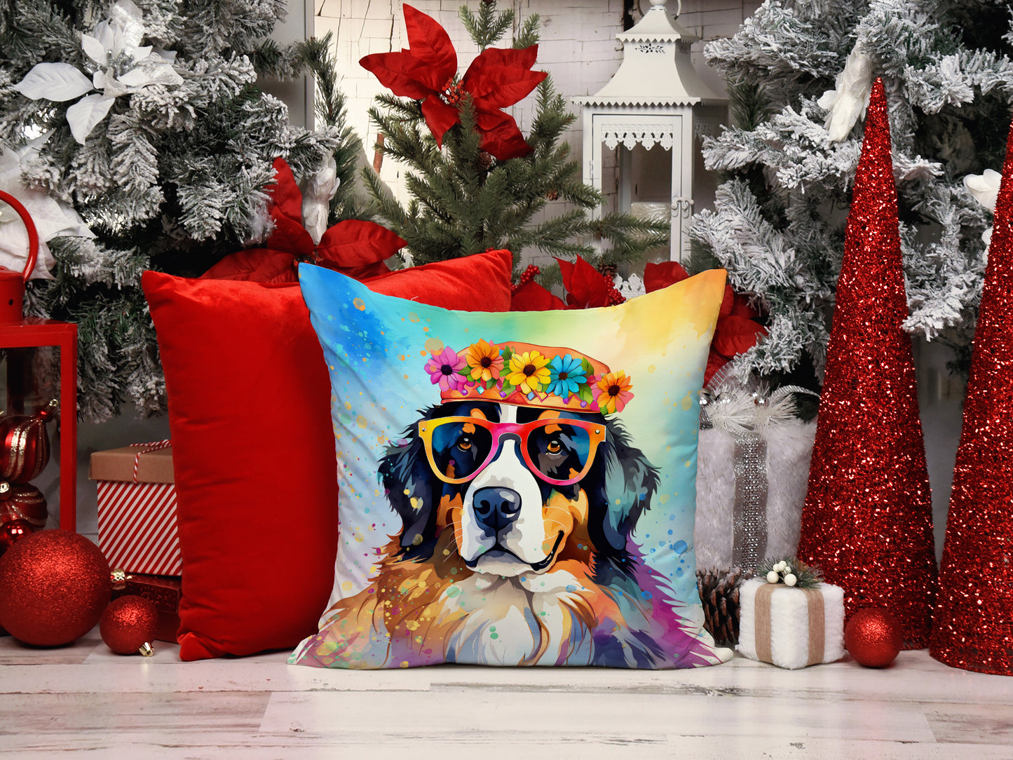 Bernese Mountain Dog Hippie Dawg Throw Pillow