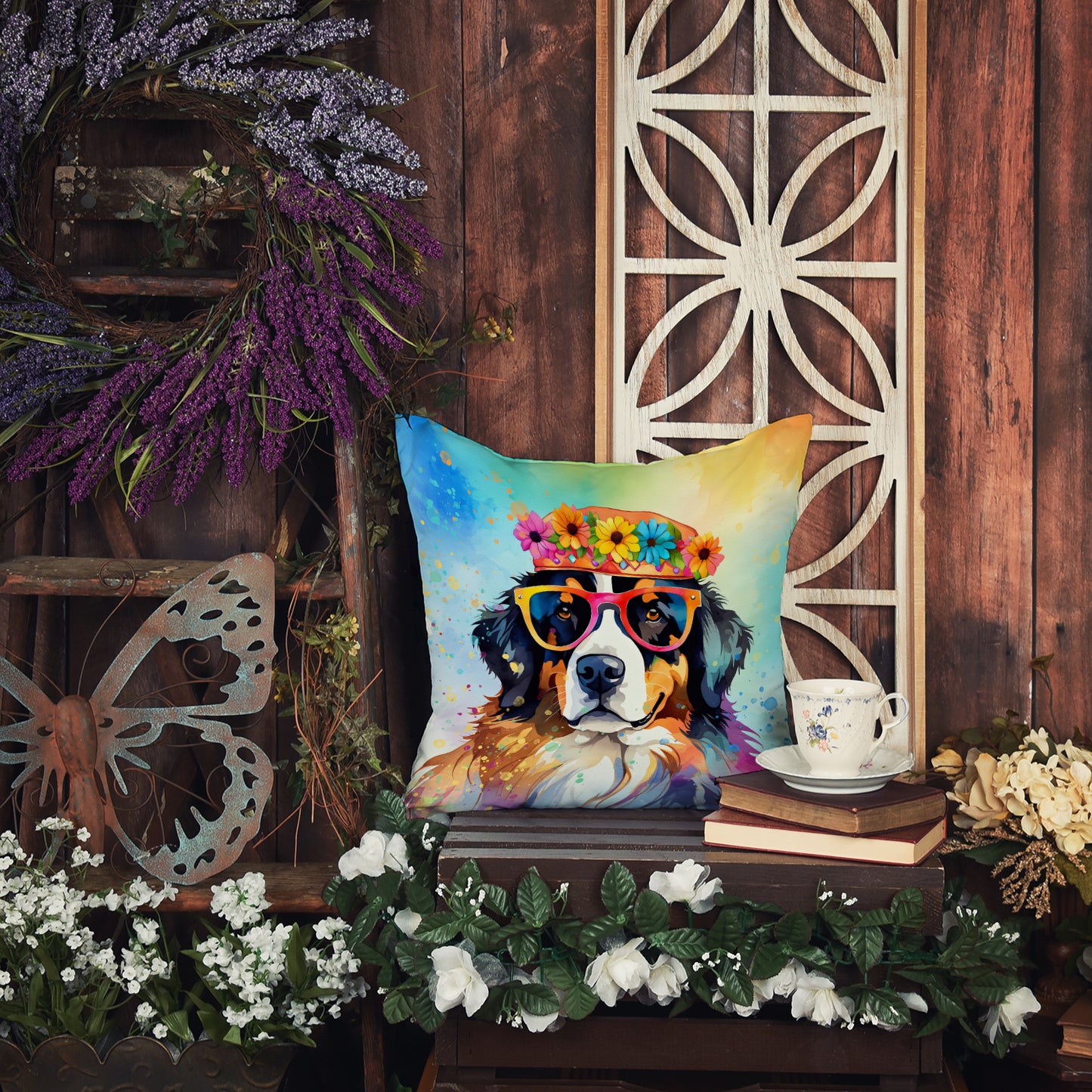 Bernese Mountain Dog Hippie Dawg Throw Pillow