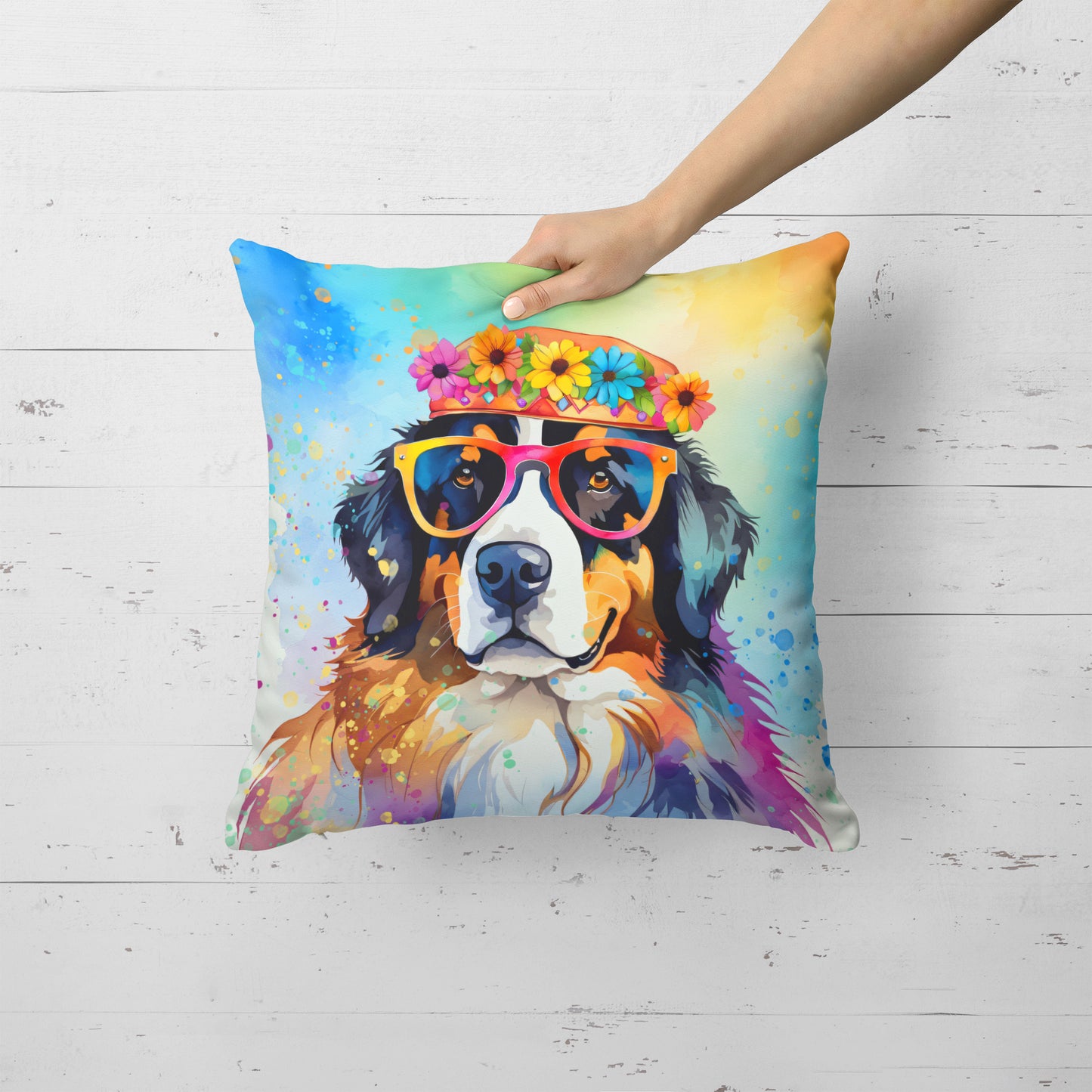 Bernese Mountain Dog Hippie Dawg Throw Pillow