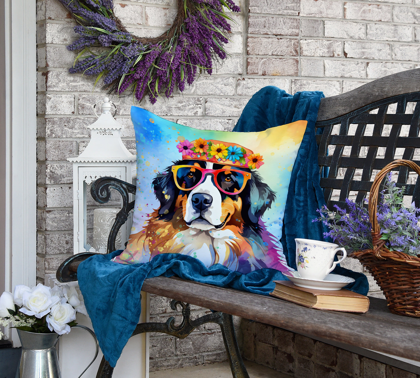 Bernese Mountain Dog Hippie Dawg Throw Pillow