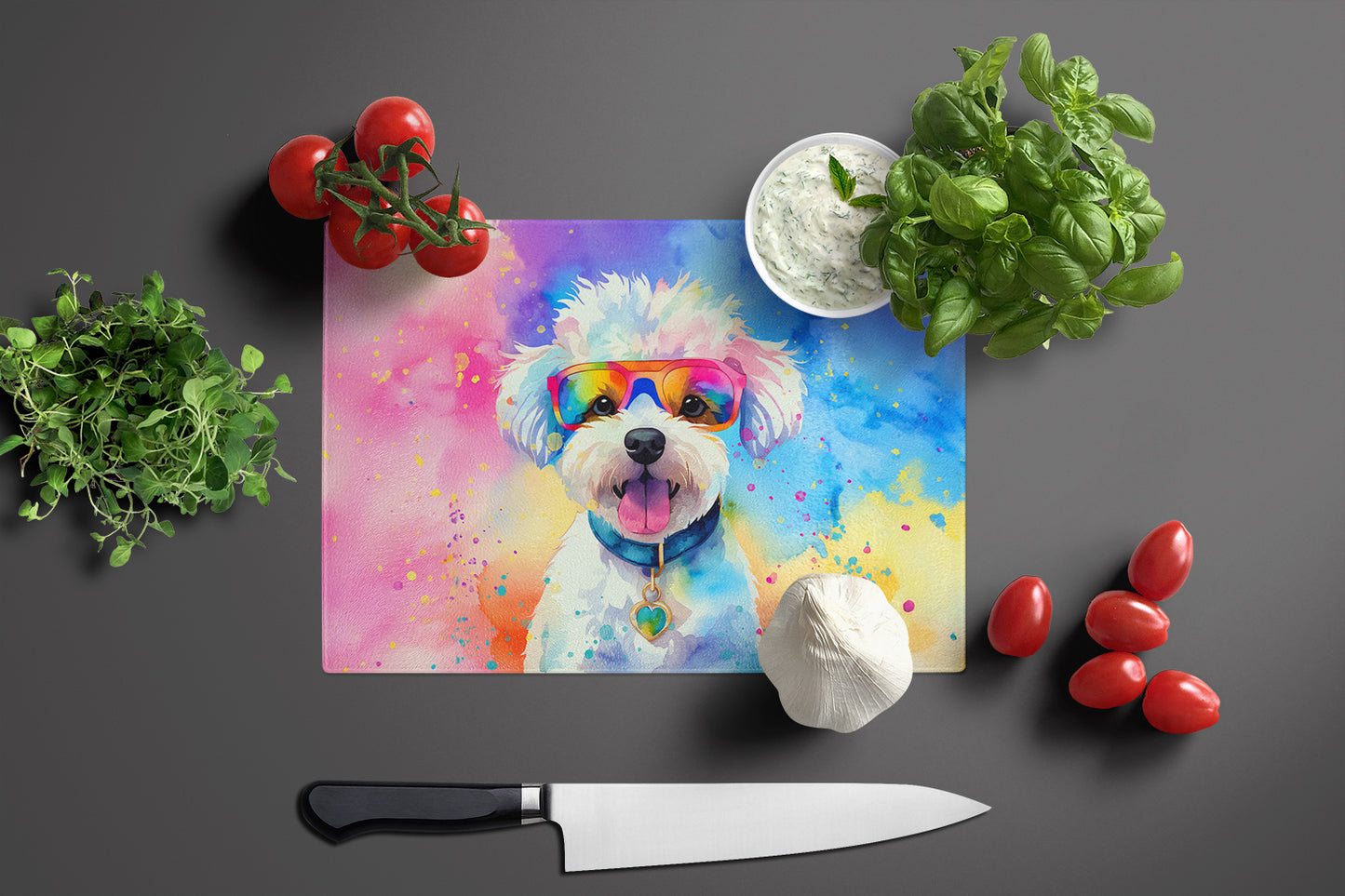 Bichon Frise Hippie Dawg Glass Cutting Board