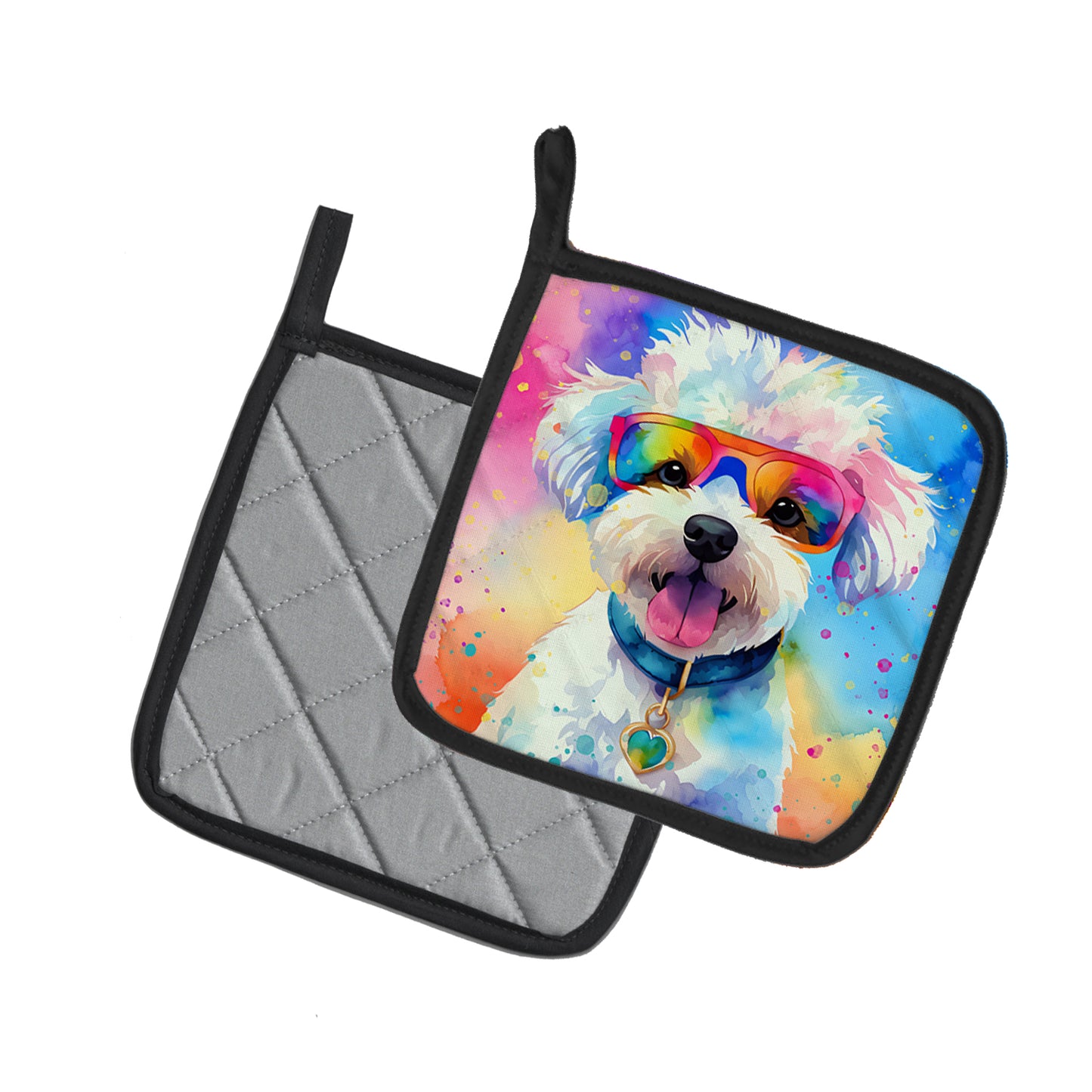 Bichon Frise Hippie Dawg Pair of Pot Holders