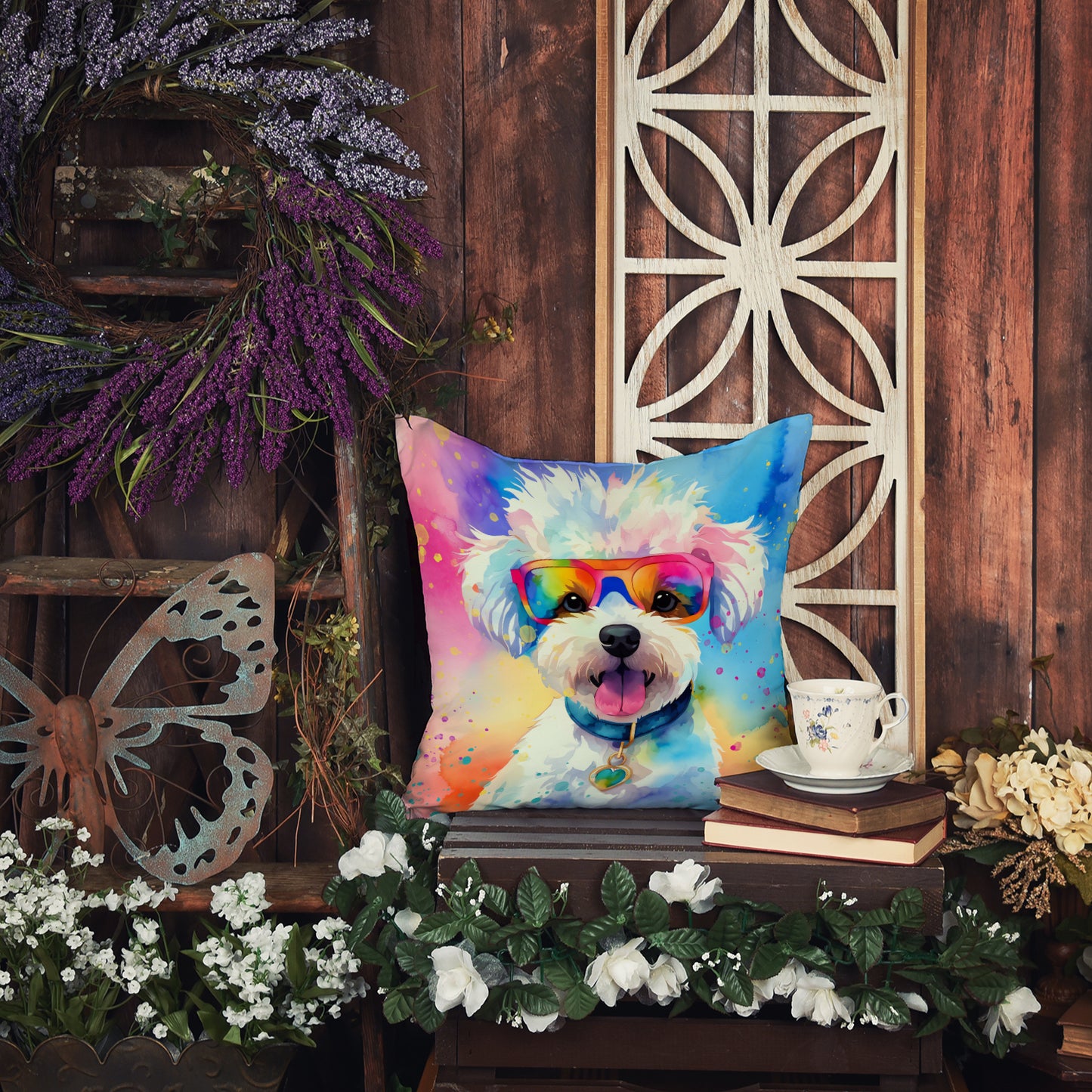 Bichon Frise Hippie Dawg Throw Pillow