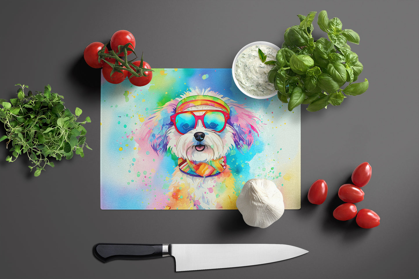 Bichon Frise Hippie Dawg Glass Cutting Board