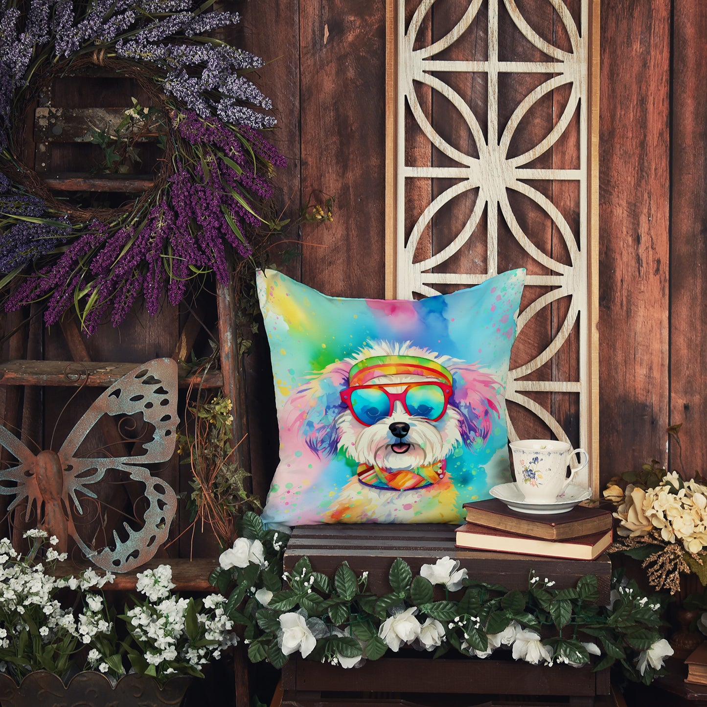 Bichon Frise Hippie Dawg Throw Pillow