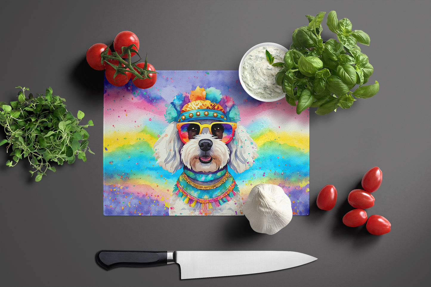 Bichon Frise Hippie Dawg Glass Cutting Board