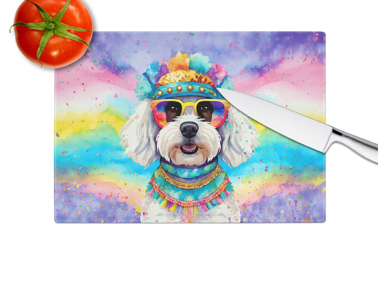 Bichon Frise Hippie Dawg Glass Cutting Board