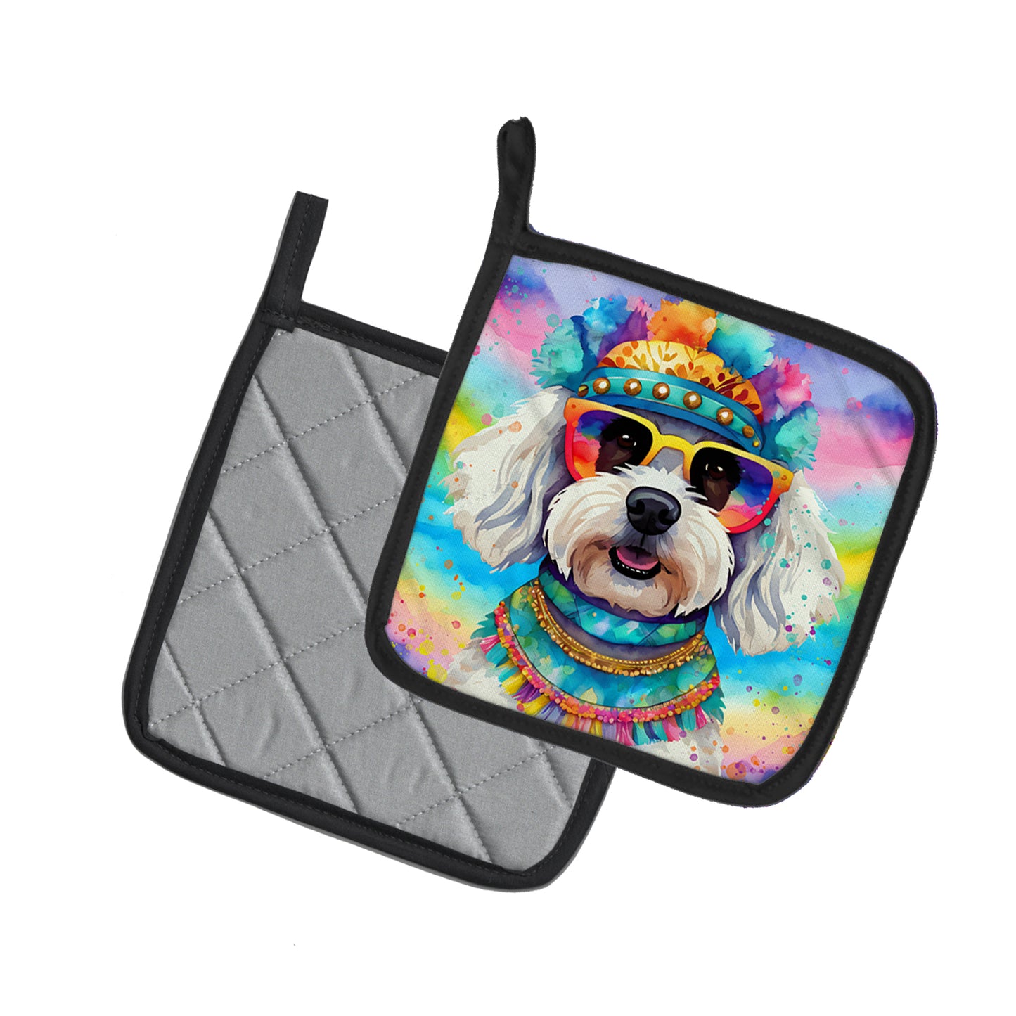 Bichon Frise Hippie Dawg Pair of Pot Holders