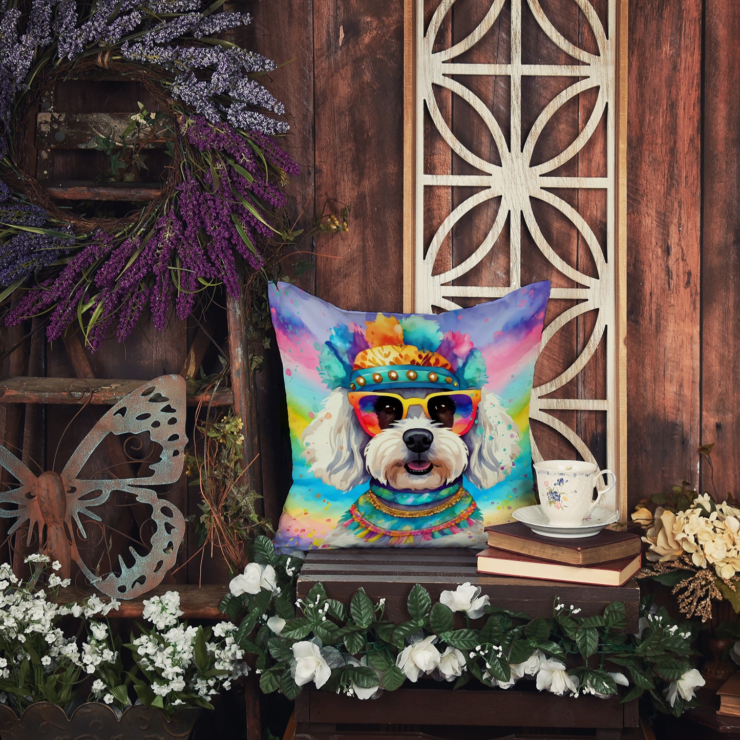 Bichon Frise Hippie Dawg Throw Pillow