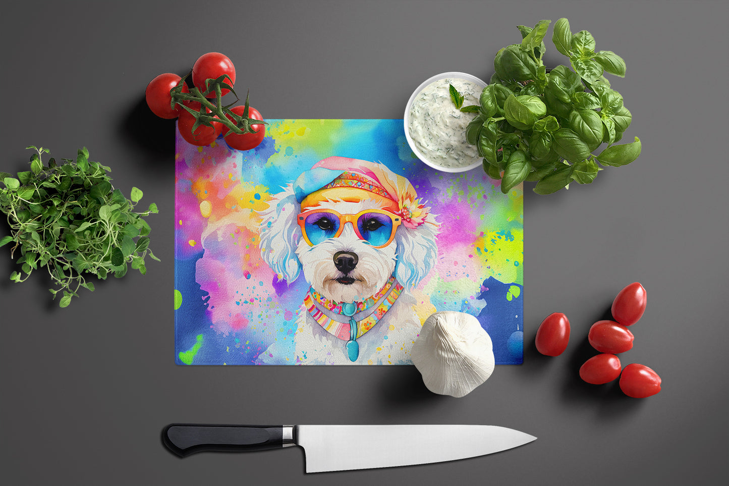 Bichon Frise Hippie Dawg Glass Cutting Board