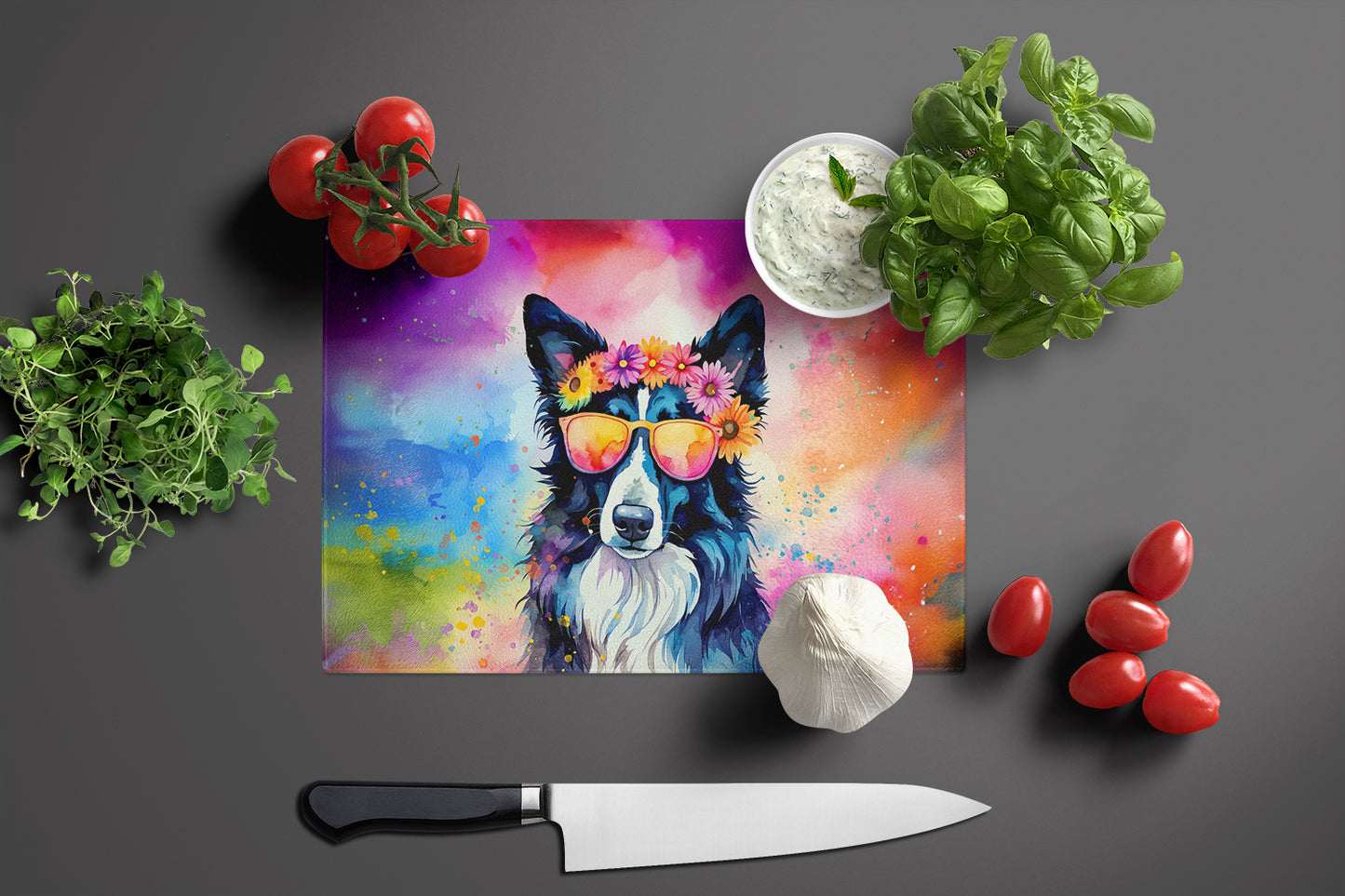 Border Collie Hippie Dawg Glass Cutting Board