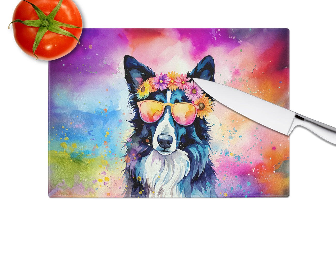 Border Collie Hippie Dawg Glass Cutting Board