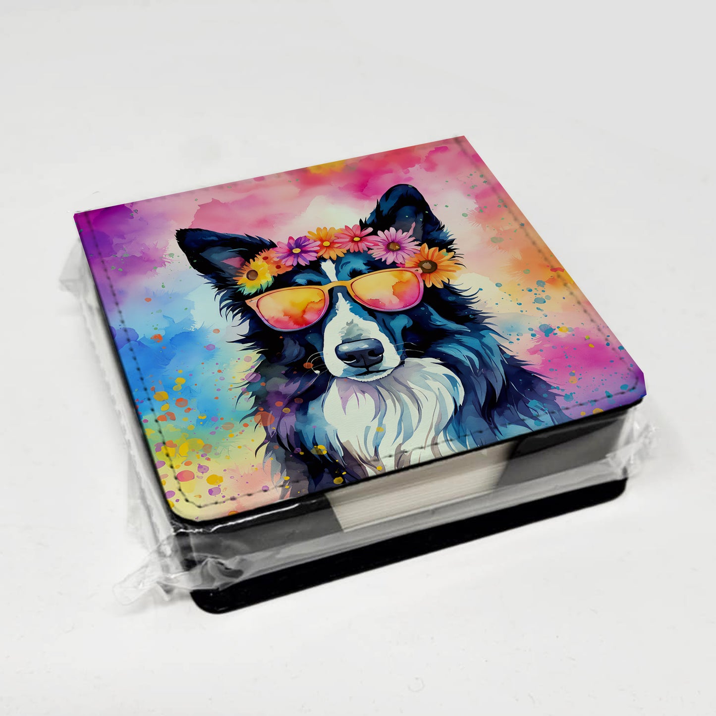 Border Collie Hippie Dawg PU Leather Note Paper Holder