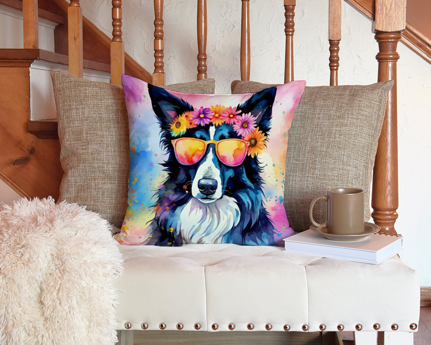 Border Collie Hippie Dawg Throw Pillow