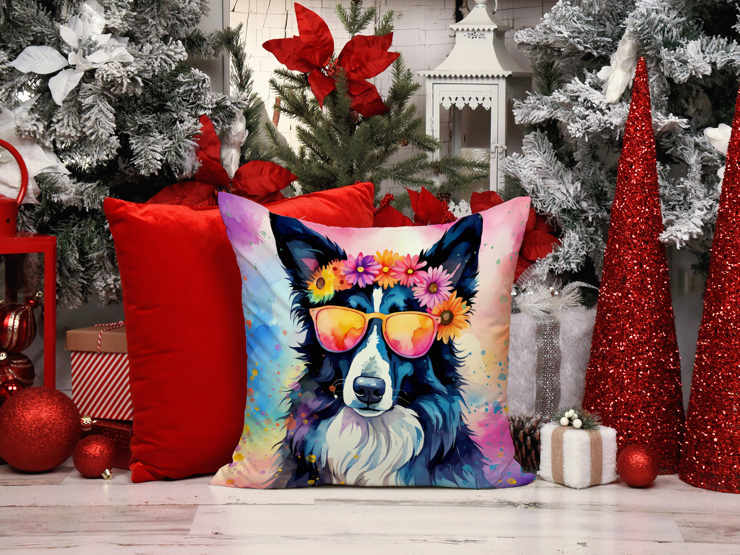 Border Collie Hippie Dawg Throw Pillow