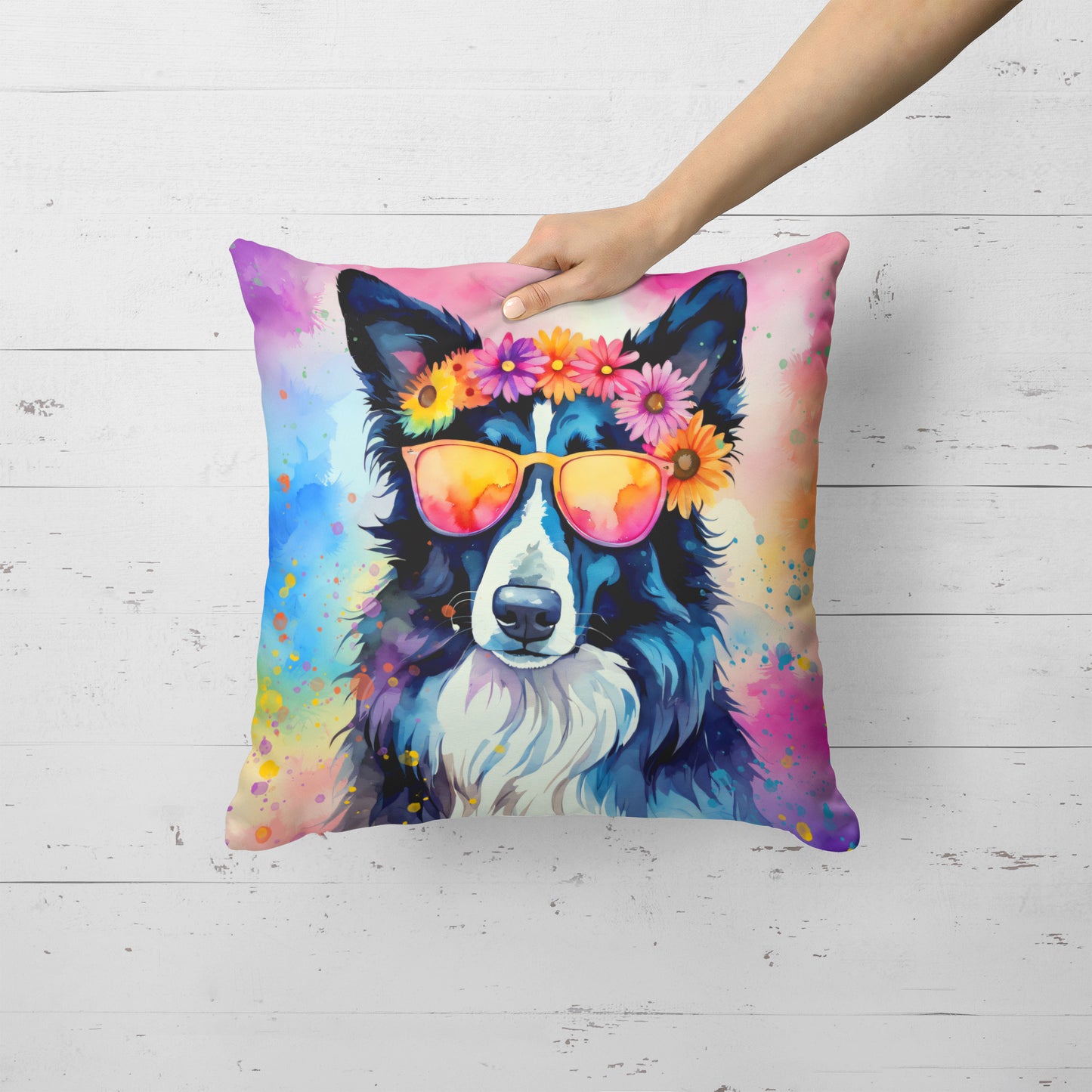 Border Collie Hippie Dawg Throw Pillow