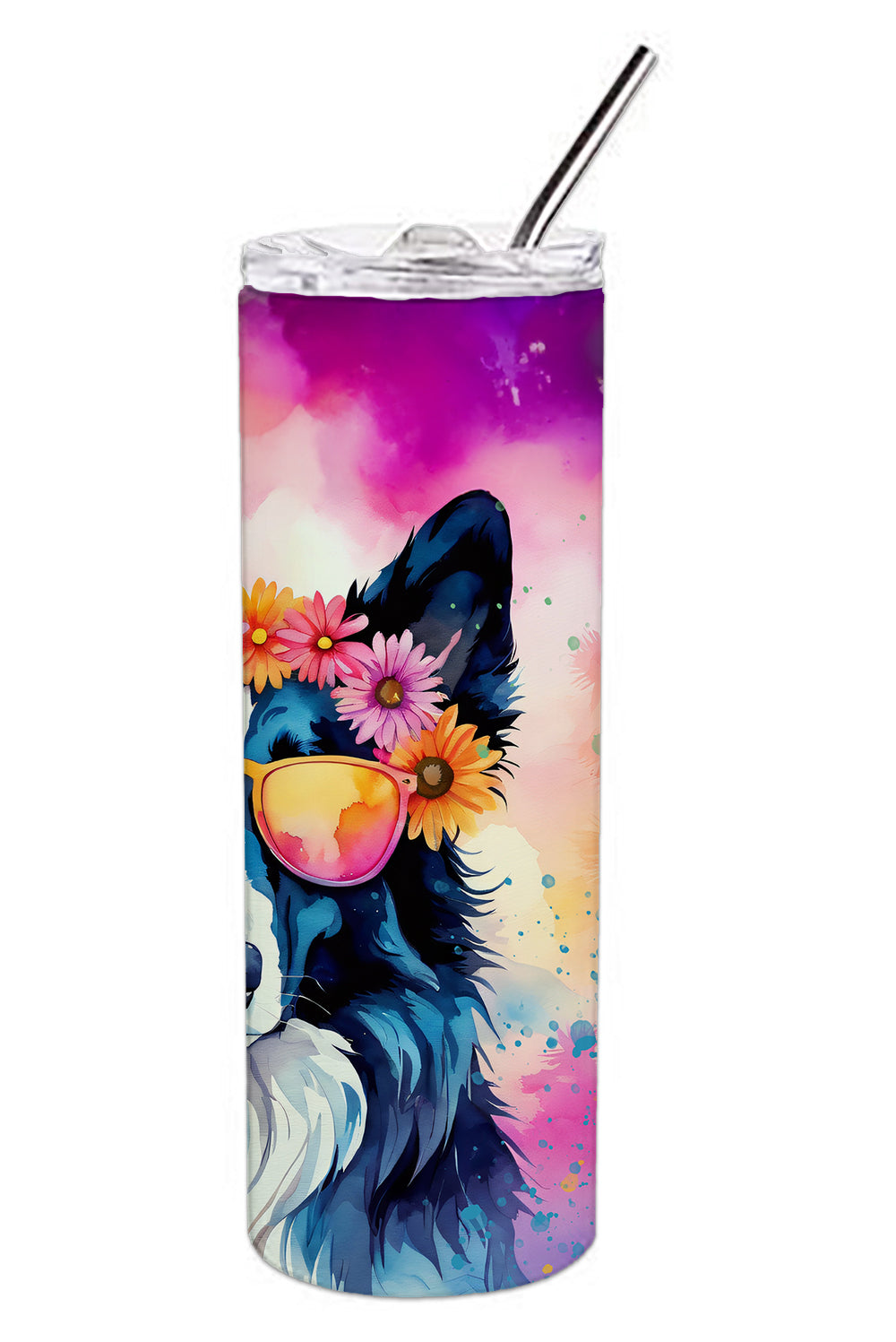 Border Collie Hippie Dawg Stainless Steel Skinny Tumbler