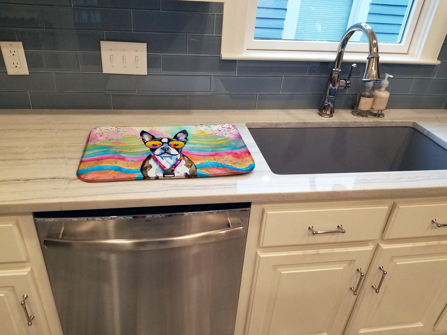 Boston Terrier Hippie Dawg Dish Drying Mat