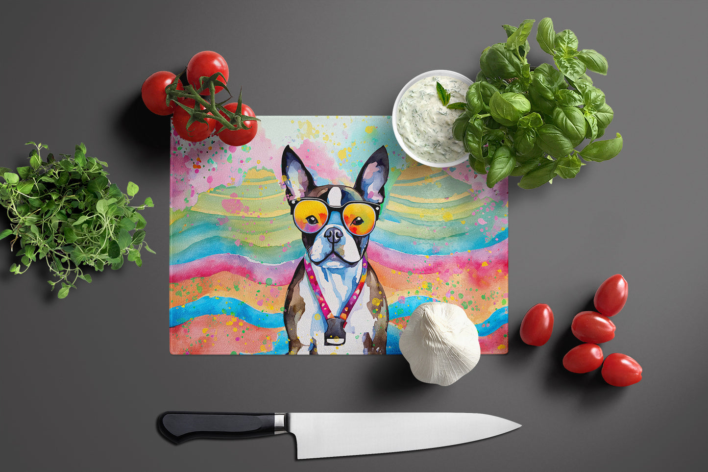 Boston Terrier Hippie Dawg Glass Cutting Board