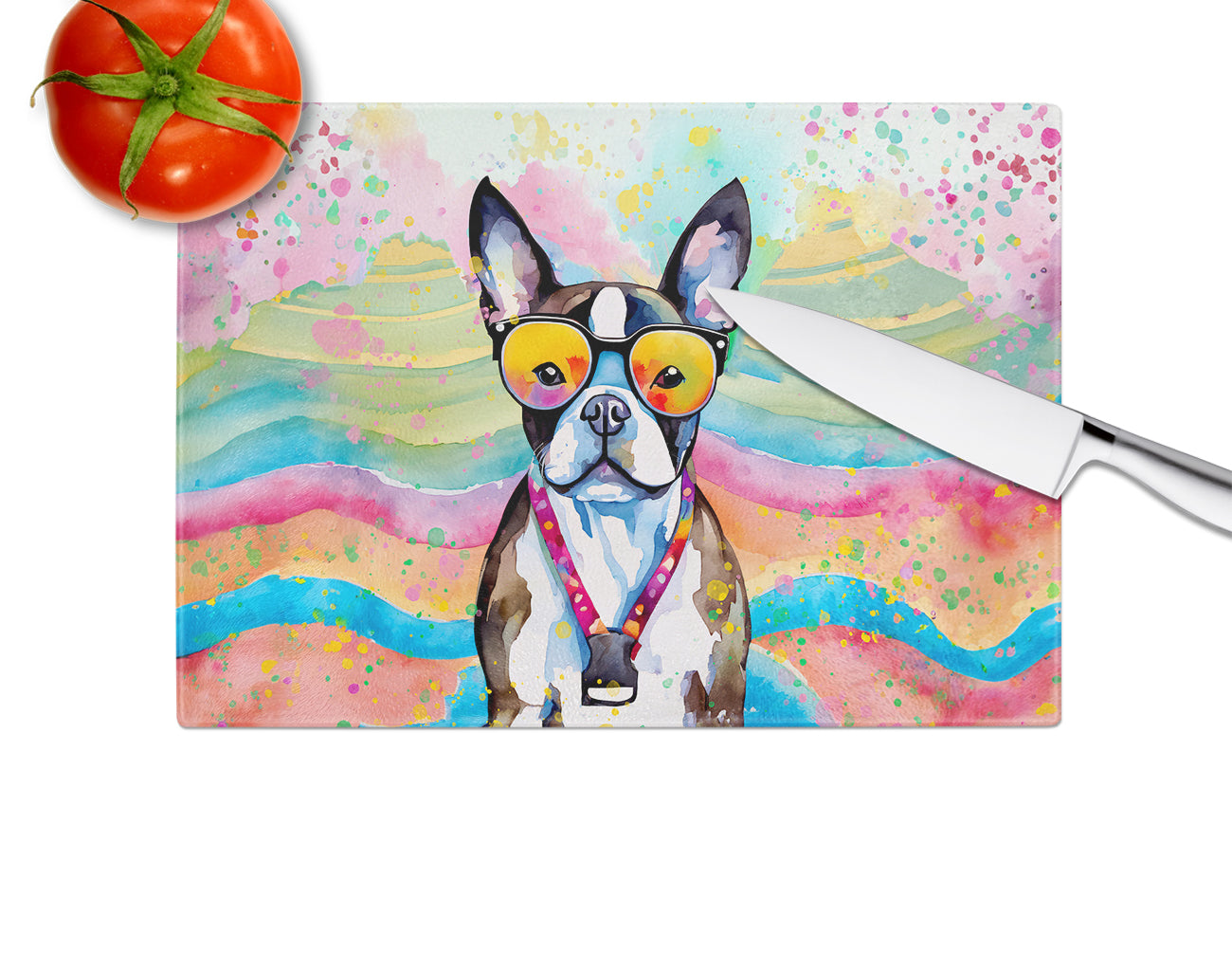 Boston Terrier Hippie Dawg Glass Cutting Board