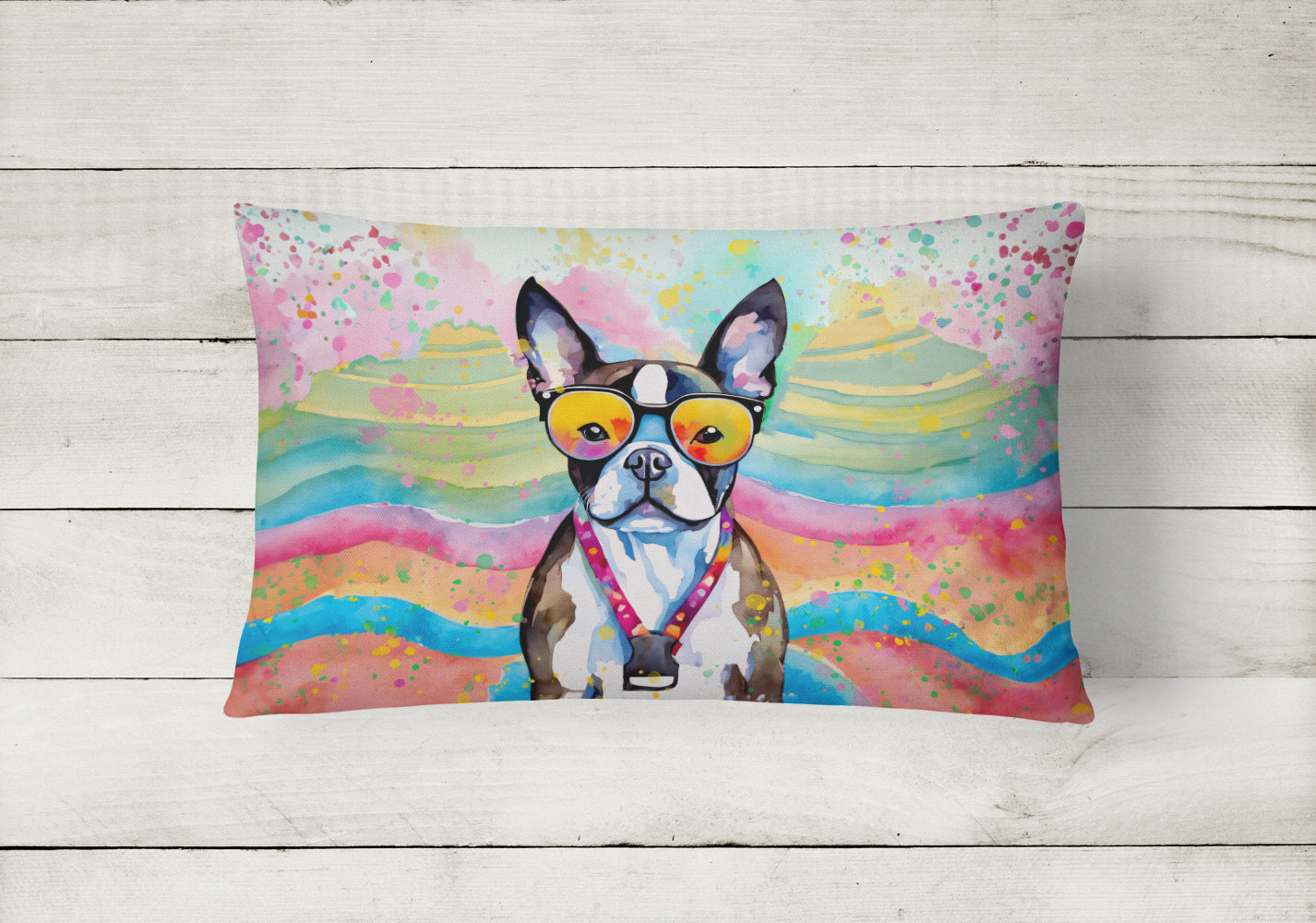 Boston Terrier Hippie Dawg Throw Pillow