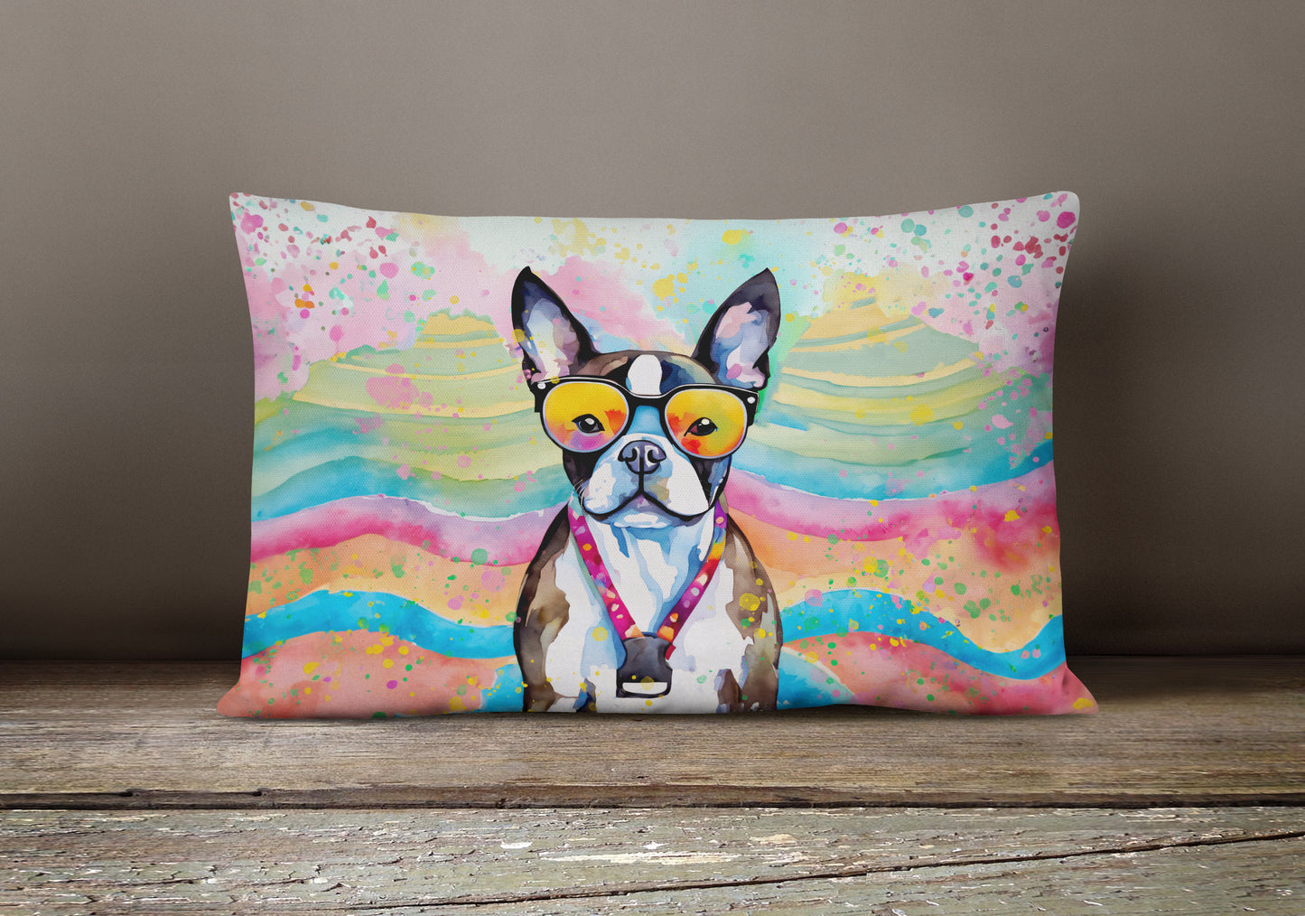 Boston Terrier Hippie Dawg Throw Pillow