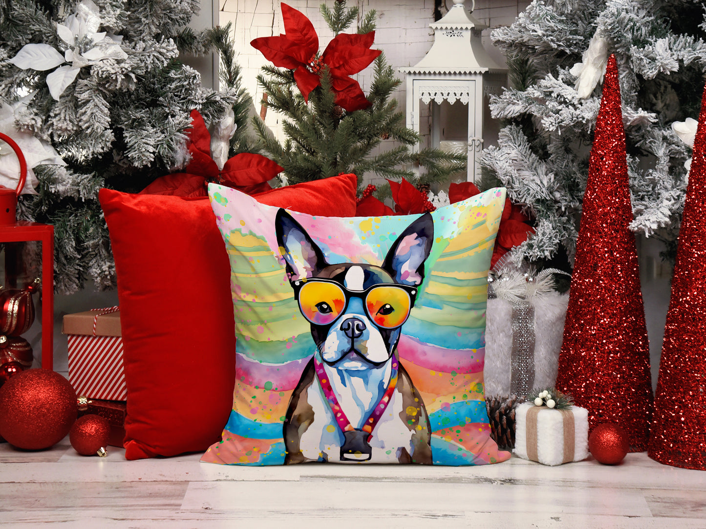 Boston Terrier Hippie Dawg Throw Pillow