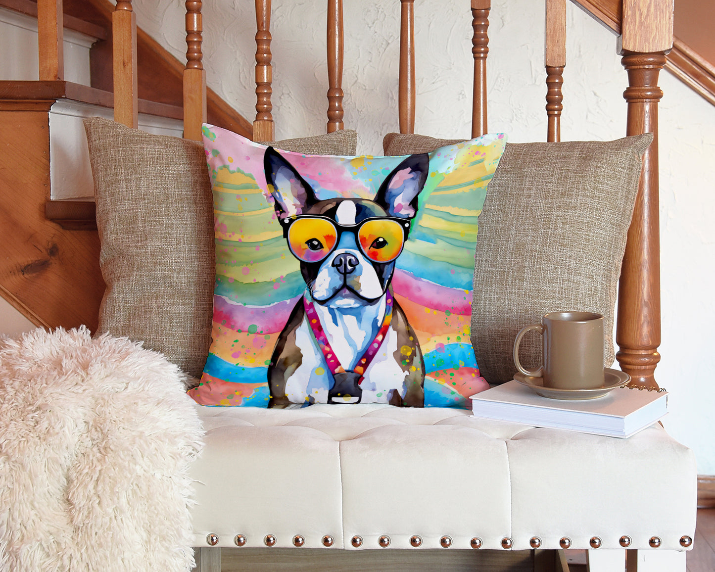 Boston Terrier Hippie Dawg Throw Pillow