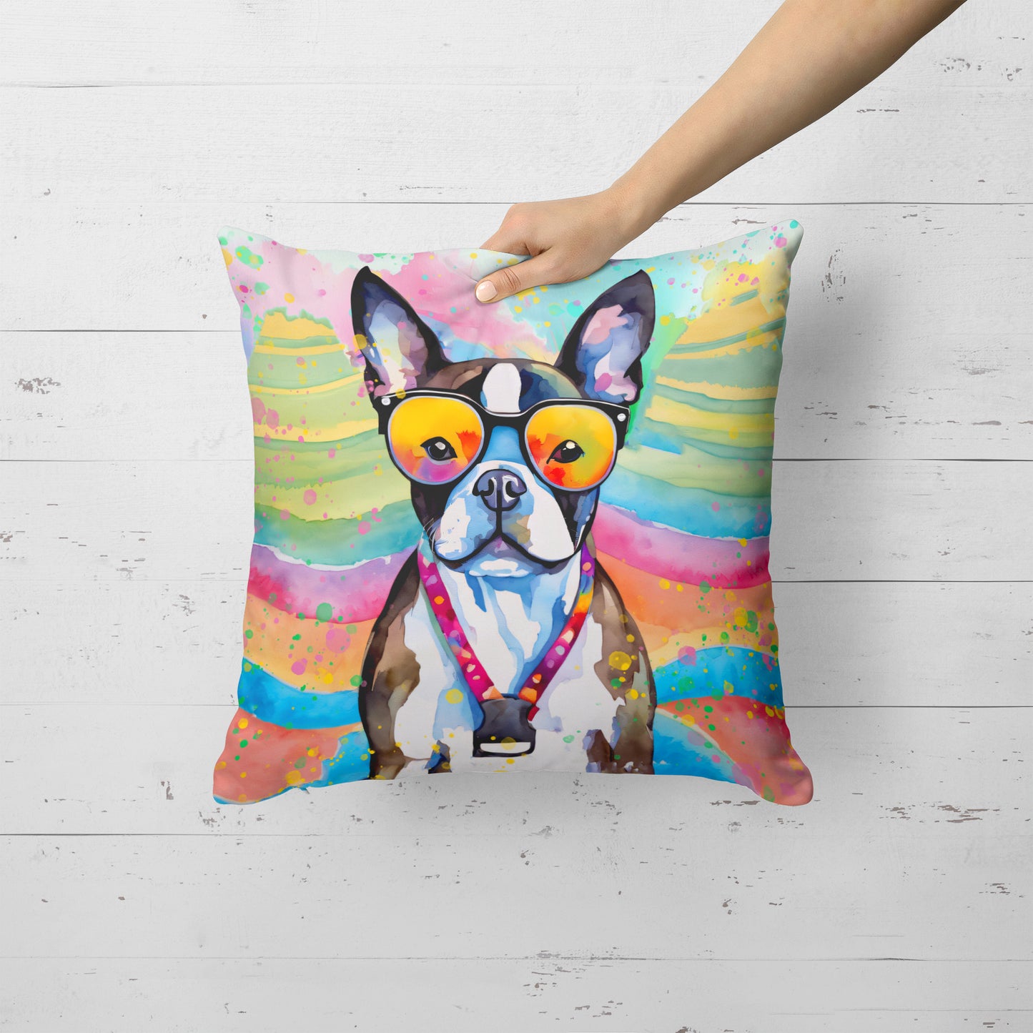 Boston Terrier Hippie Dawg Throw Pillow