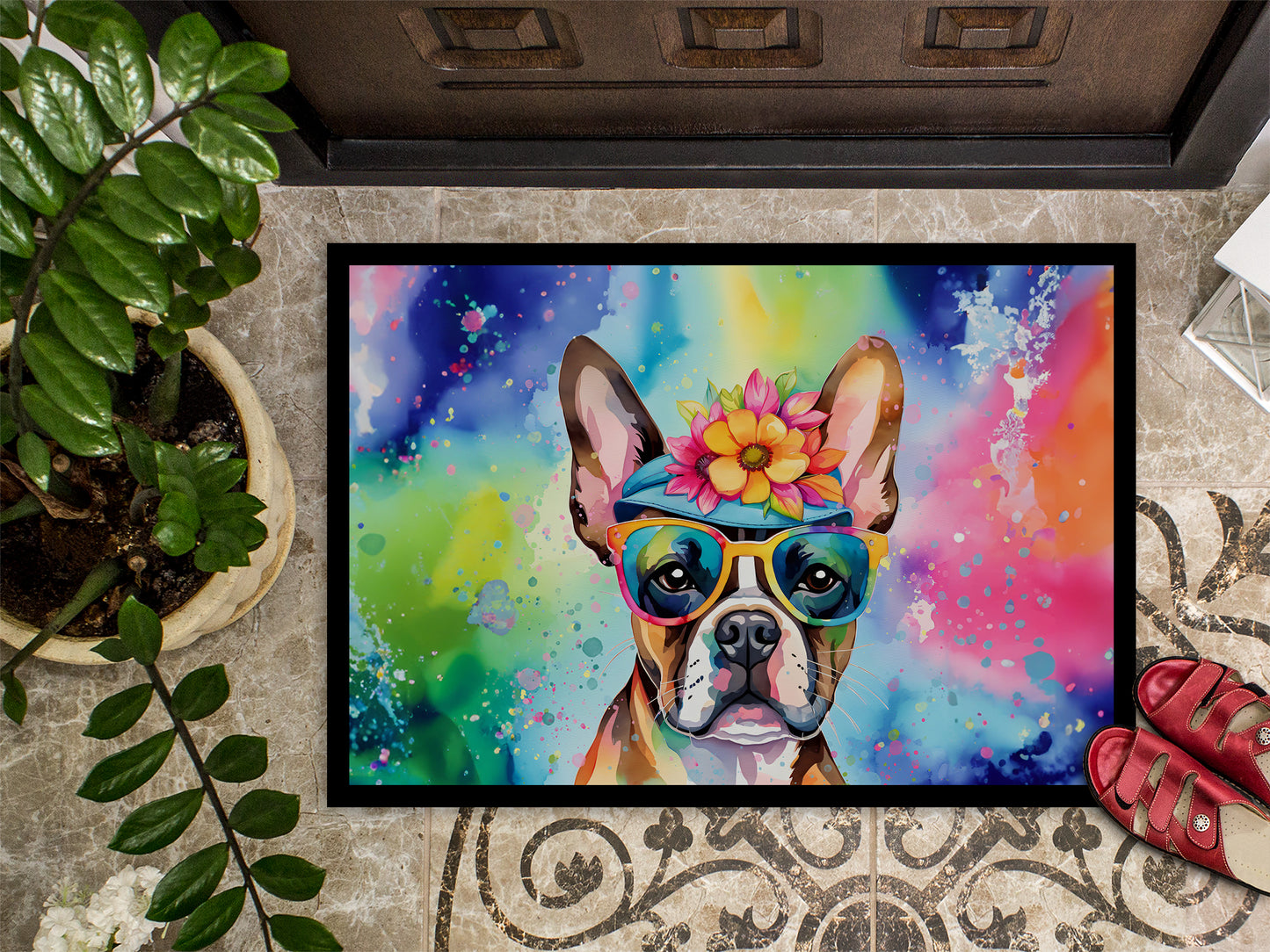 Boston Terrier Hippie Dawg Doormat