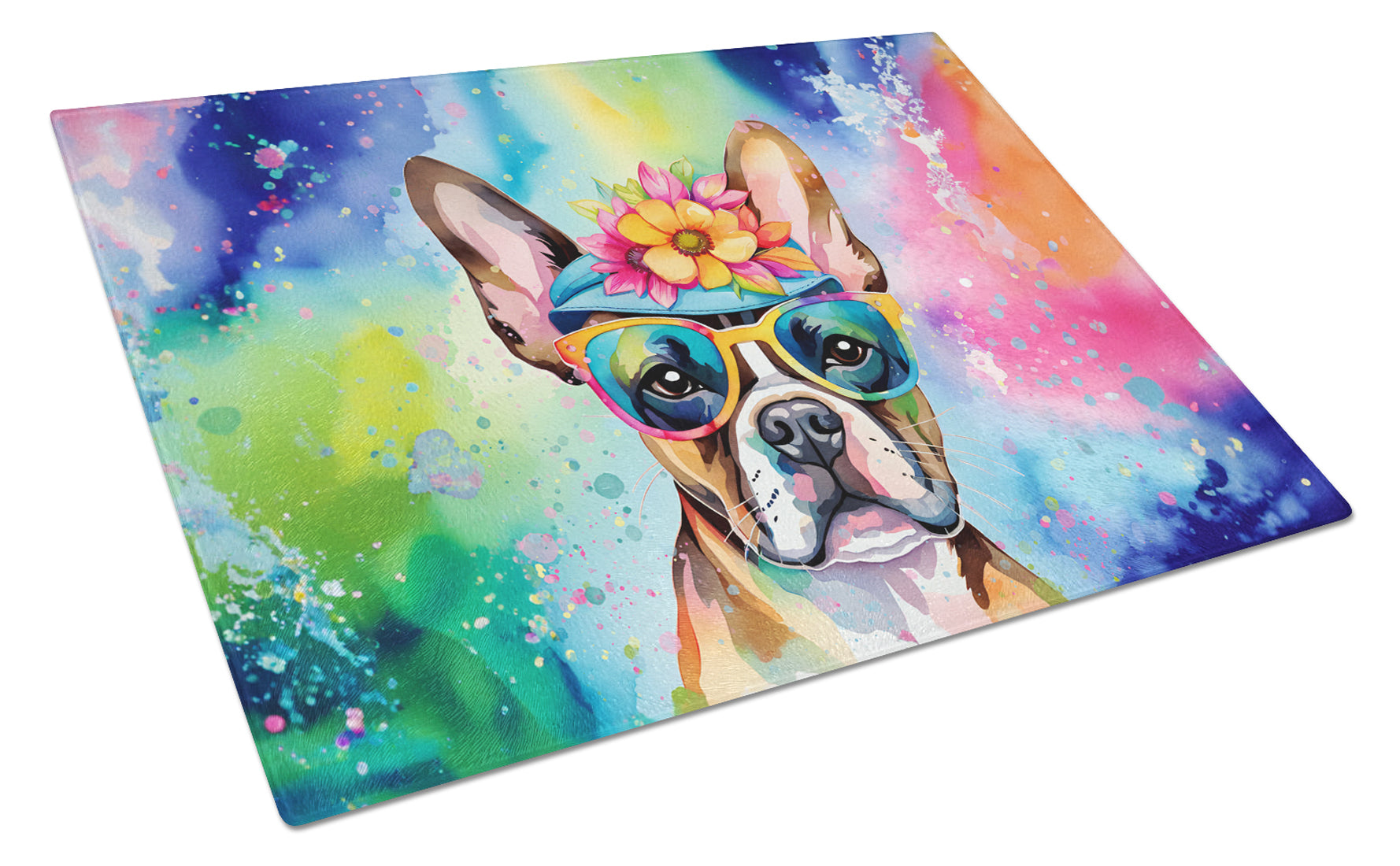 Buy this Boston Terrier Hippie Dawg Glass Cutting Board