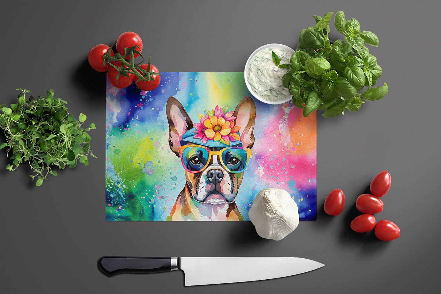 Boston Terrier Hippie Dawg Glass Cutting Board