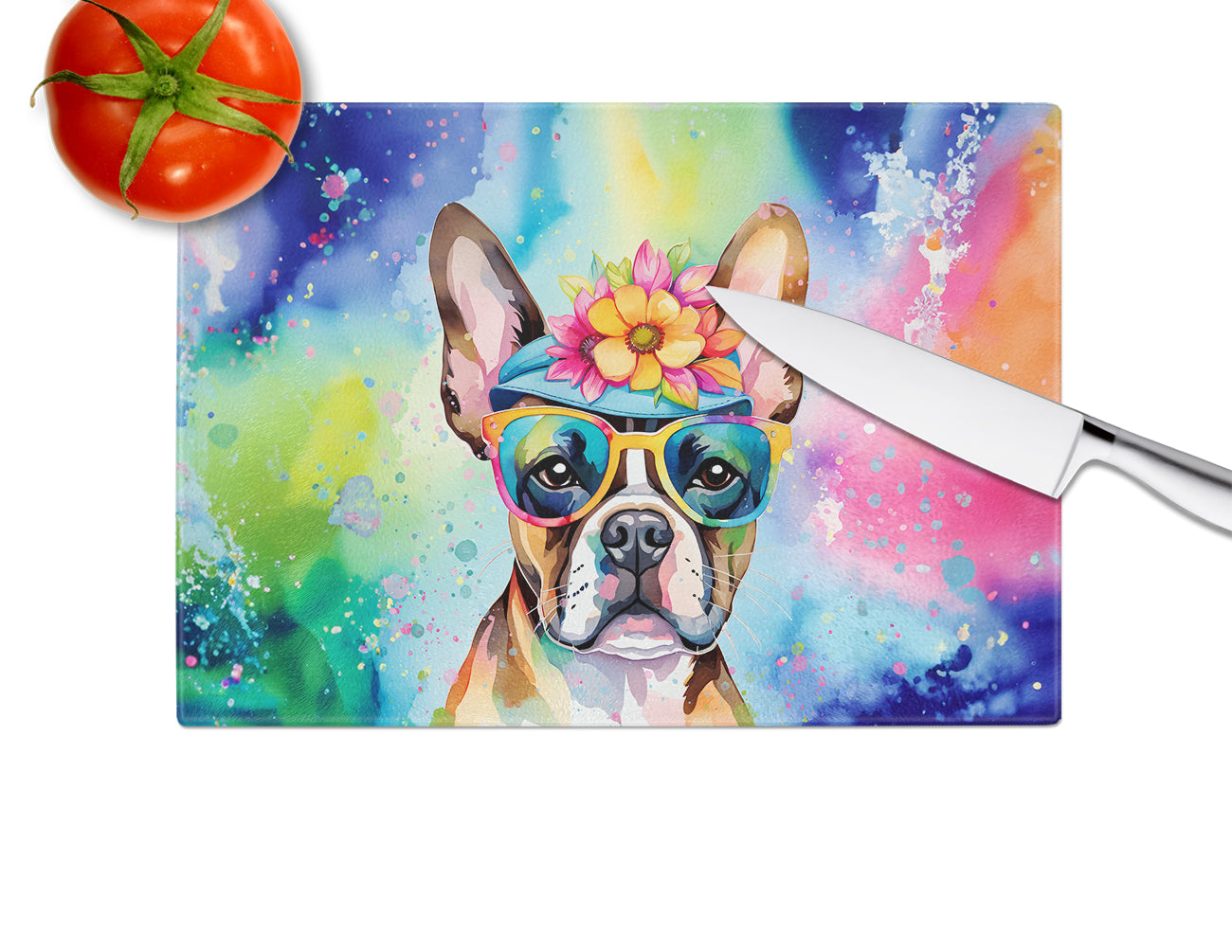 Boston Terrier Hippie Dawg Glass Cutting Board