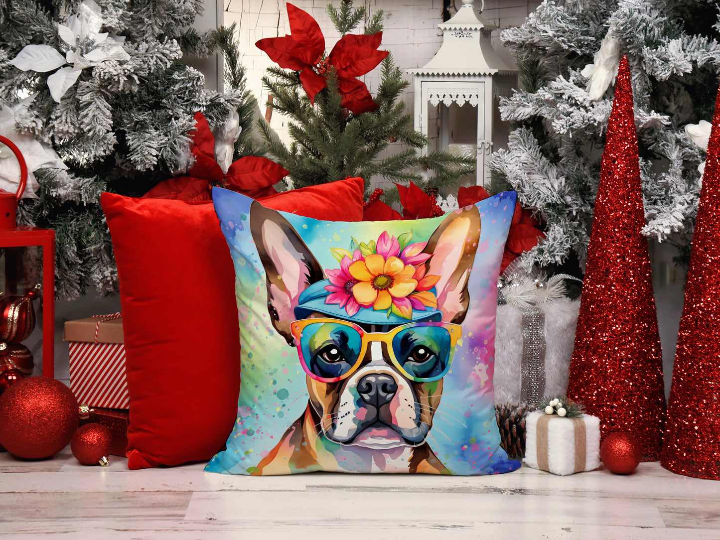 Boston Terrier Hippie Dawg Throw Pillow