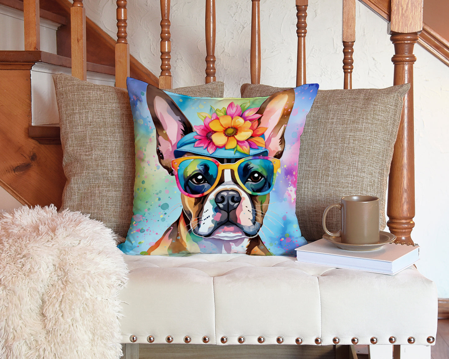 Boston Terrier Hippie Dawg Throw Pillow