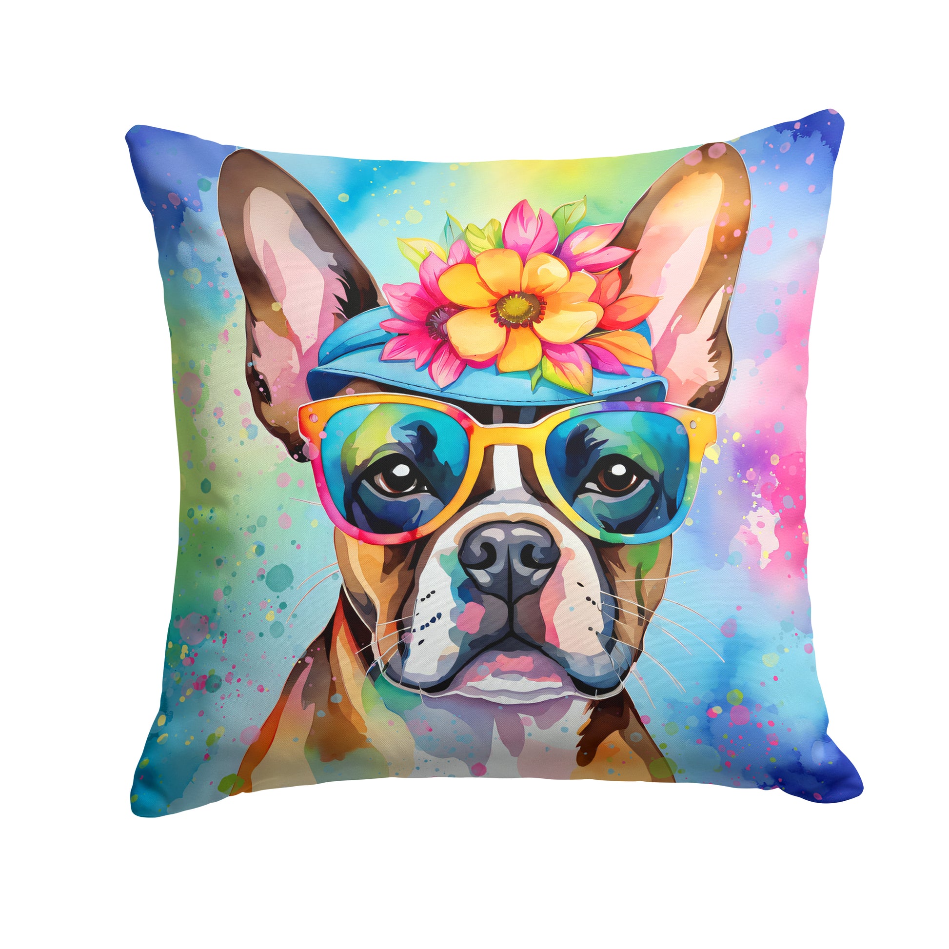 Buy this Boston Terrier Hippie Dawg Throw Pillow