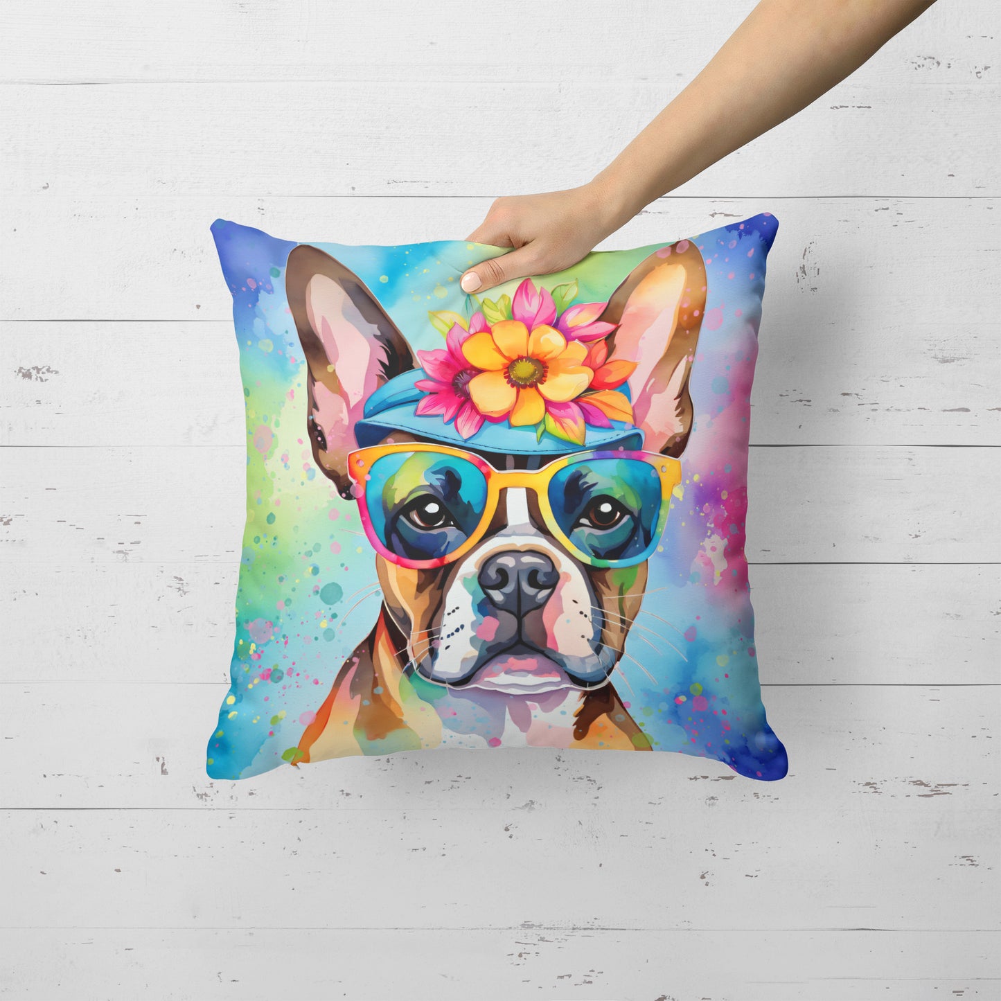 Boston Terrier Hippie Dawg Throw Pillow