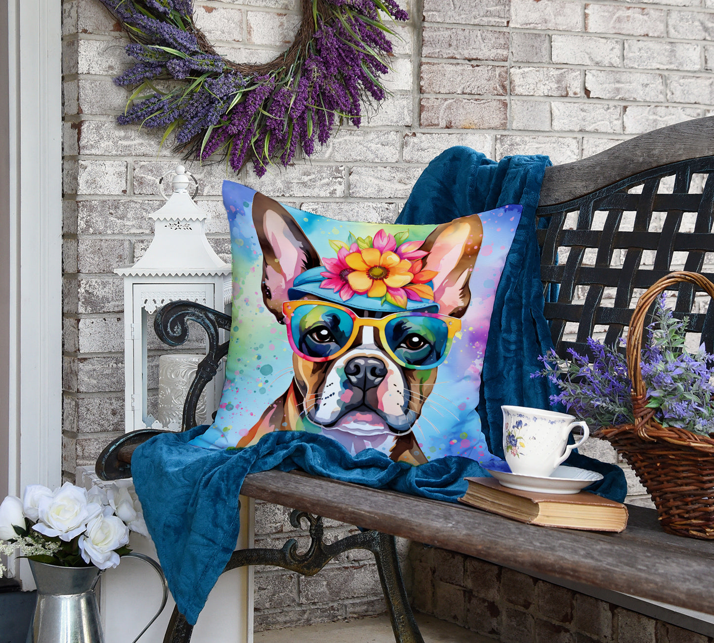 Boston Terrier Hippie Dawg Throw Pillow