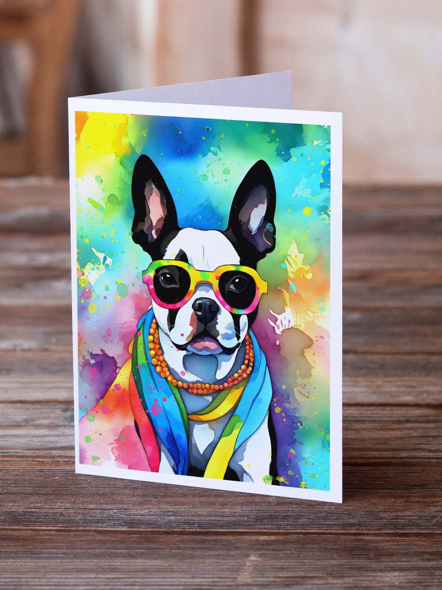 Boston Terrier Hippie Dawg Greeting Cards Pack of 8
