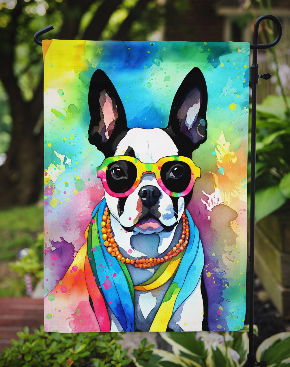 Boston Terrier Hippie Dawg Garden Flag