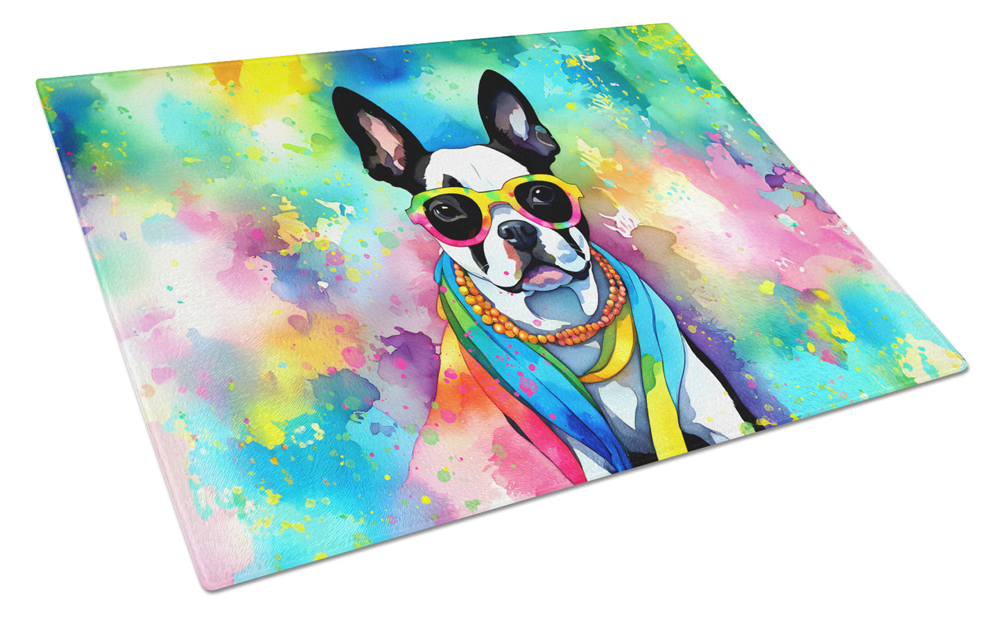 Buy this Boston Terrier Hippie Dawg Glass Cutting Board