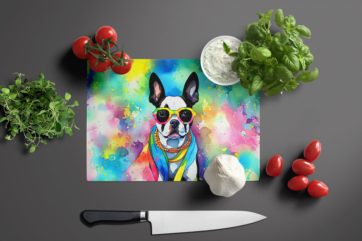 Boston Terrier Hippie Dawg Glass Cutting Board