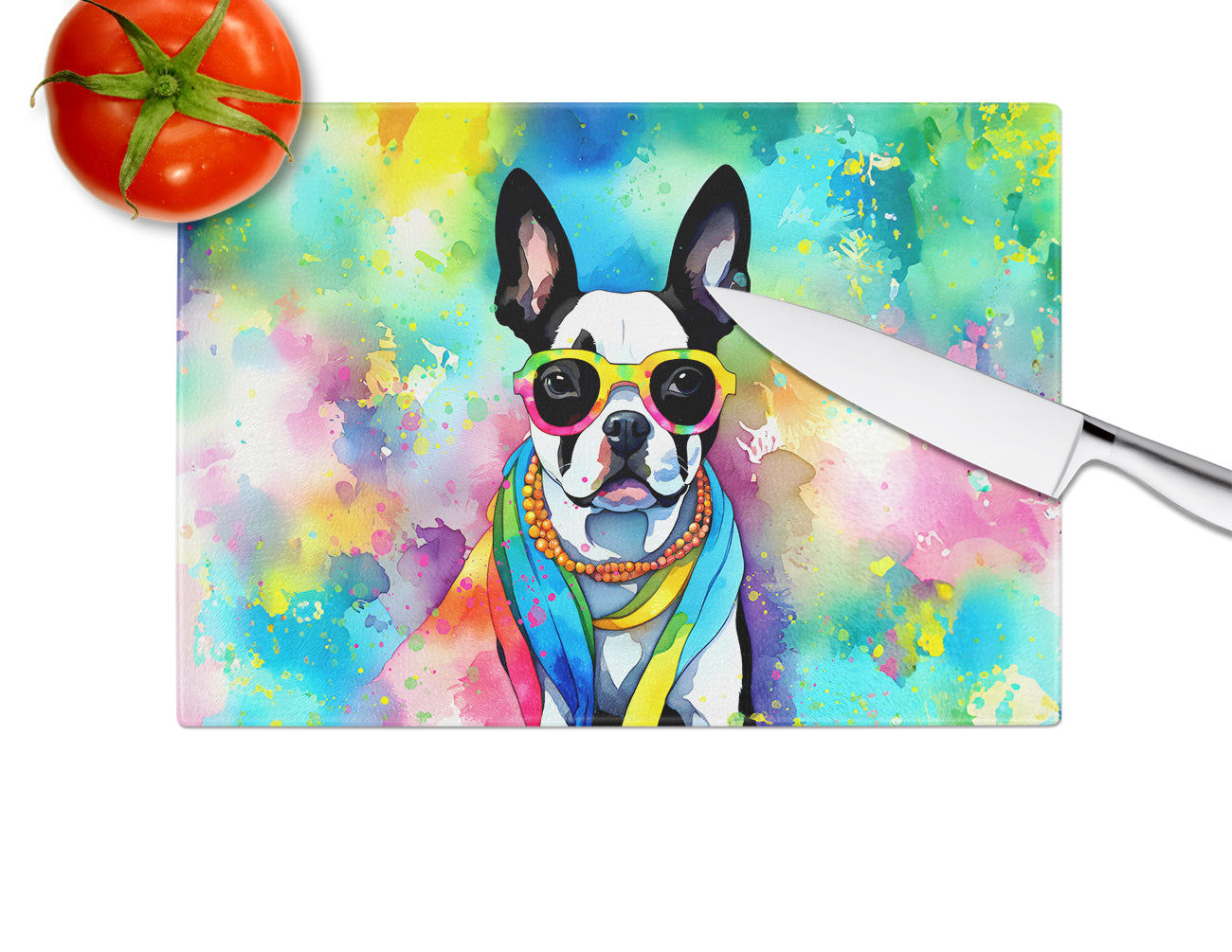 Boston Terrier Hippie Dawg Glass Cutting Board