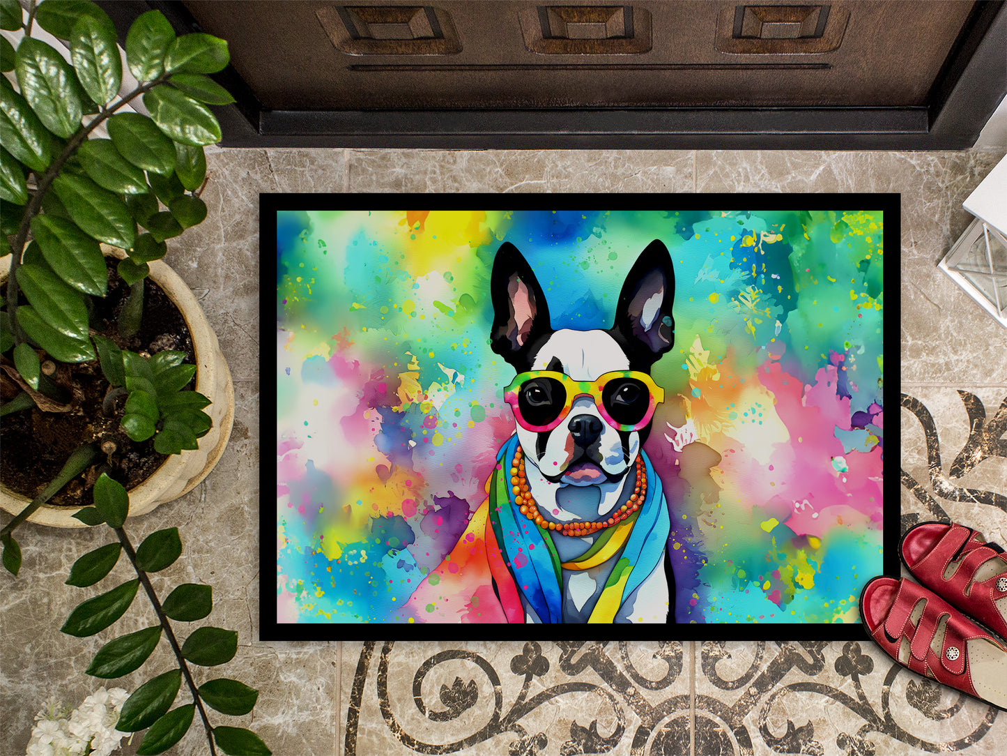 Boston Terrier Hippie Dawg Doormat