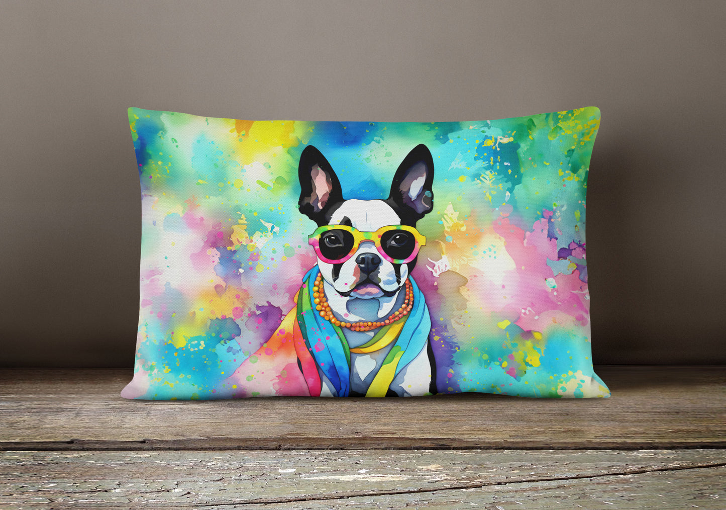 Boston Terrier Hippie Dawg Throw Pillow