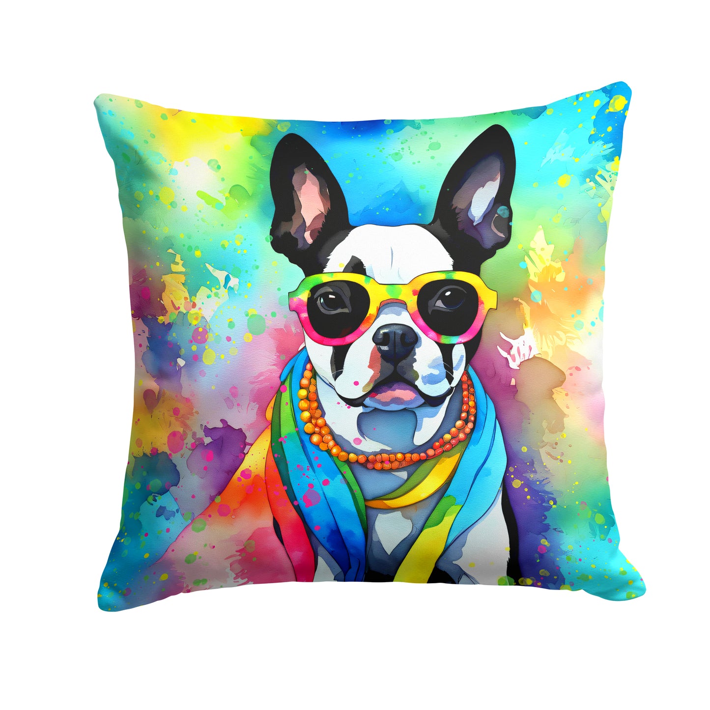 Buy this Boston Terrier Hippie Dawg Throw Pillow