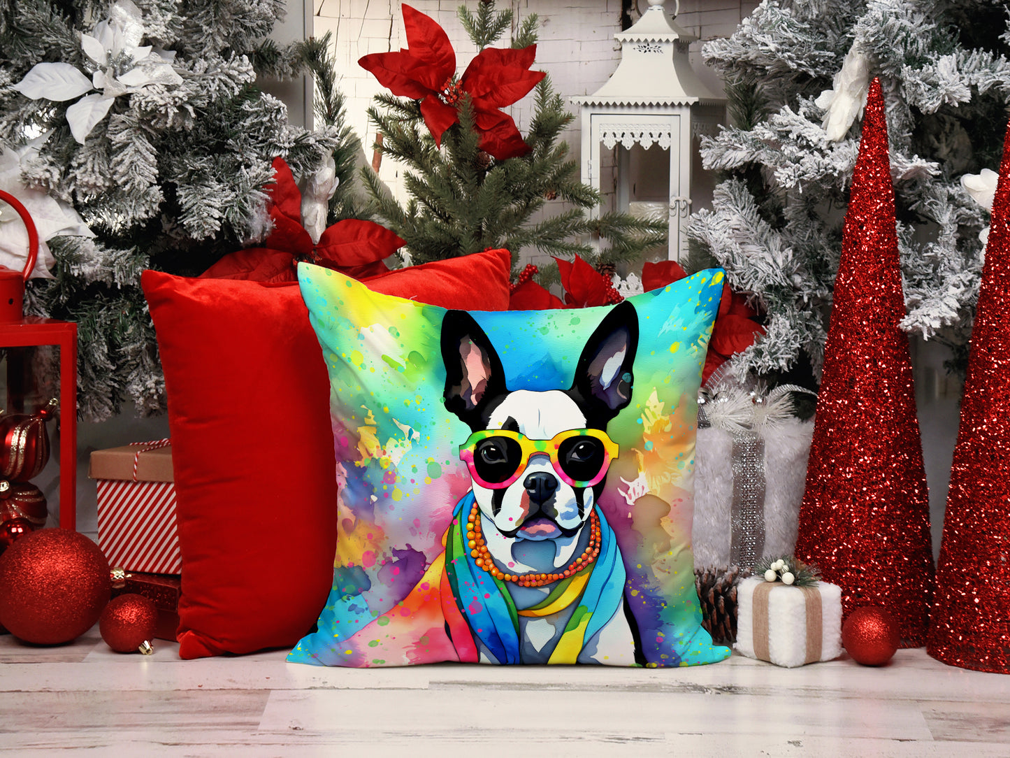 Boston Terrier Hippie Dawg Throw Pillow