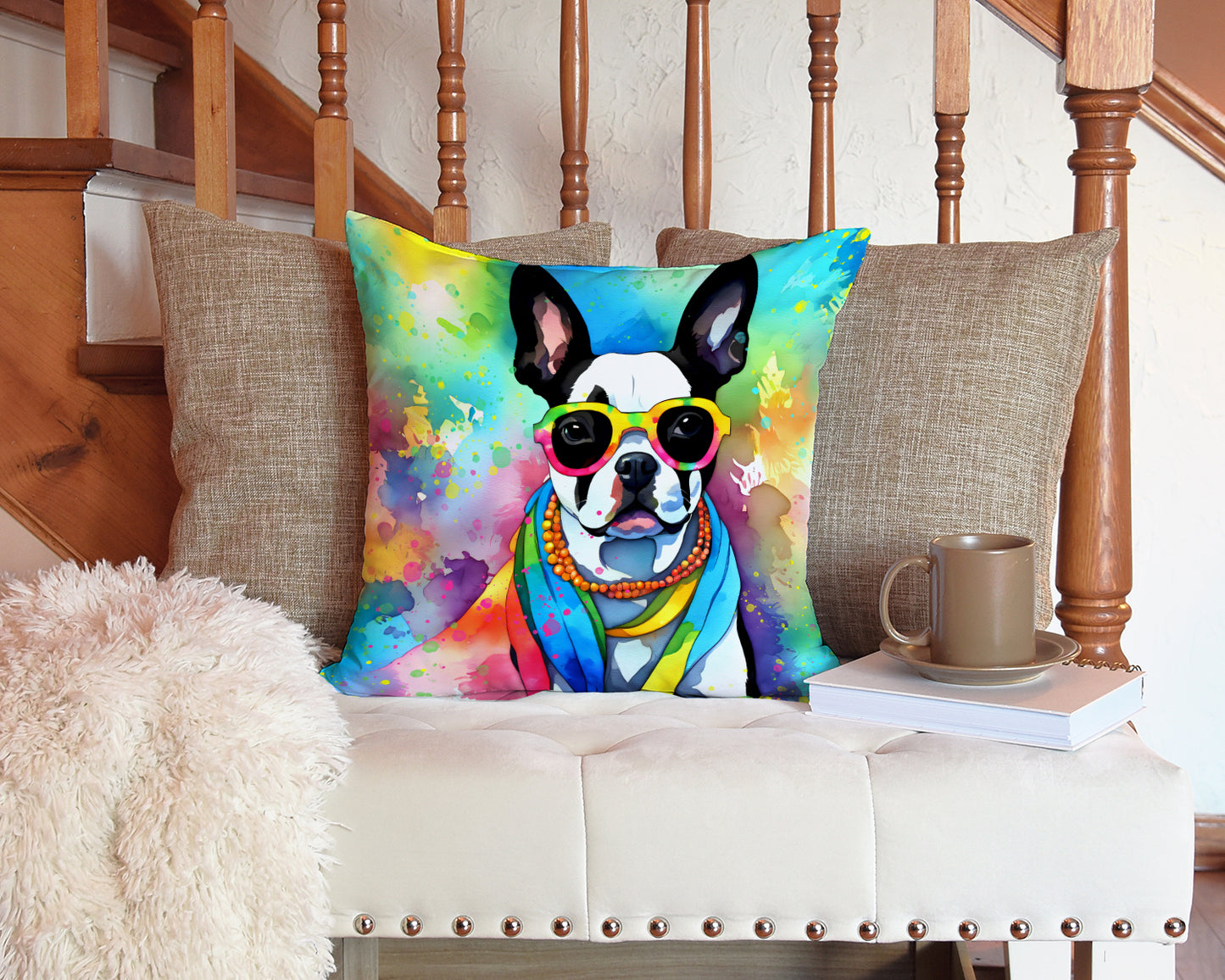 Boston Terrier Hippie Dawg Throw Pillow