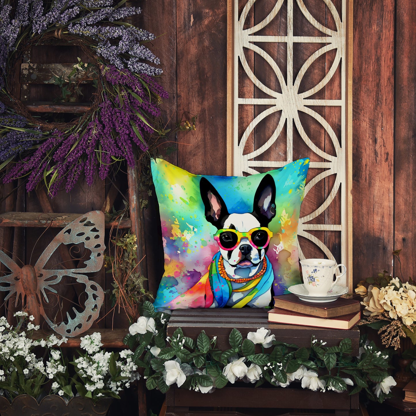 Boston Terrier Hippie Dawg Throw Pillow